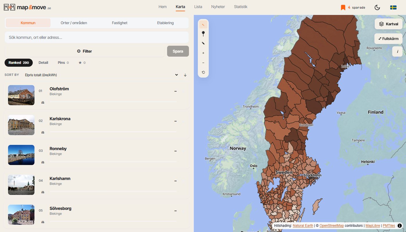 Alla 290 kommuner färglagda efter elpris totalt, alltså spotpris plus energiskatt plus elnätsavgift. Norr är billigt, söder är dyrt, och gränserna följer inga länsgränser.