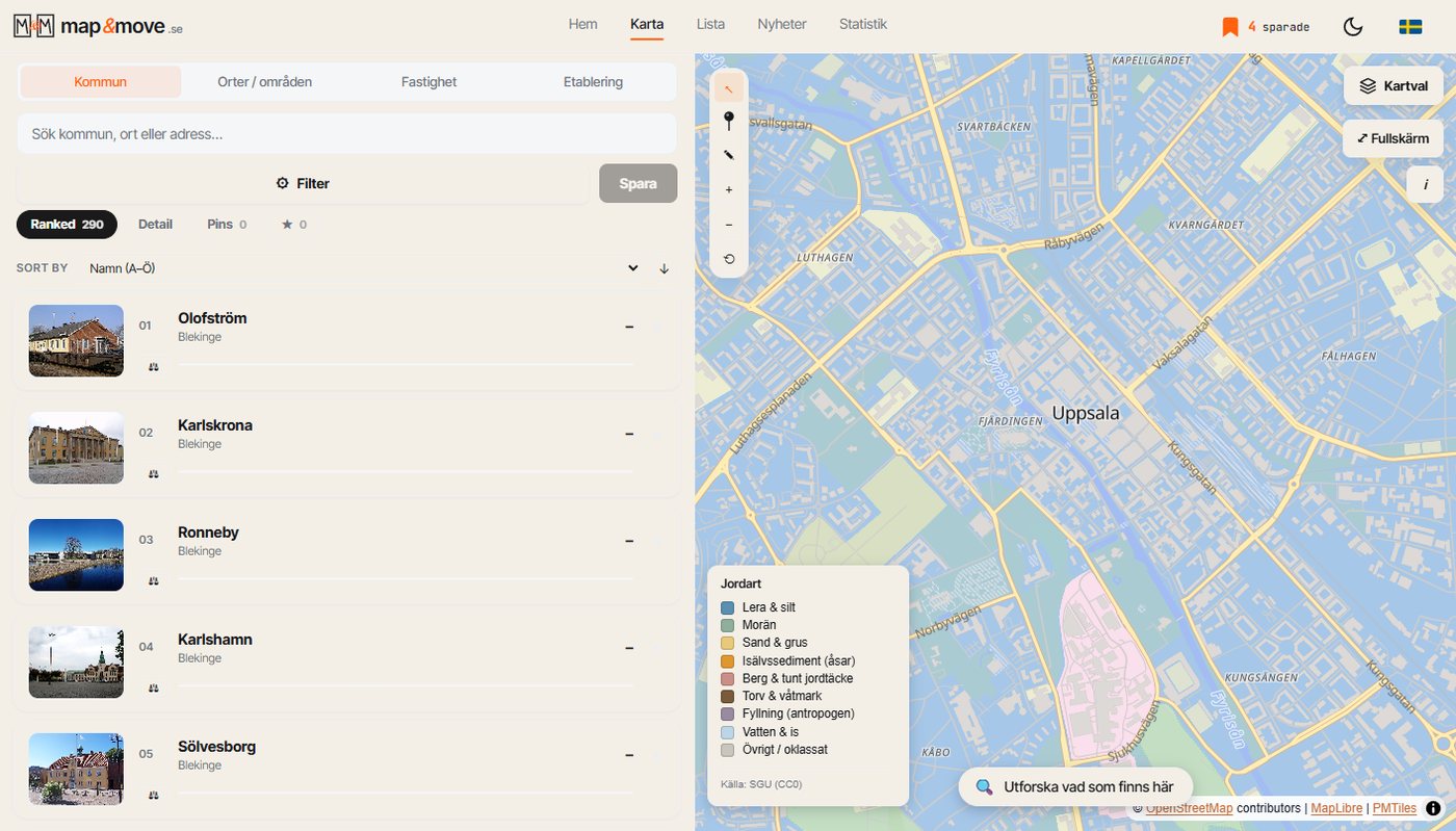 The soil map over Uppsala. The colours are what the ground consists of, and the boundaries between soil types often run straight through a residential area.