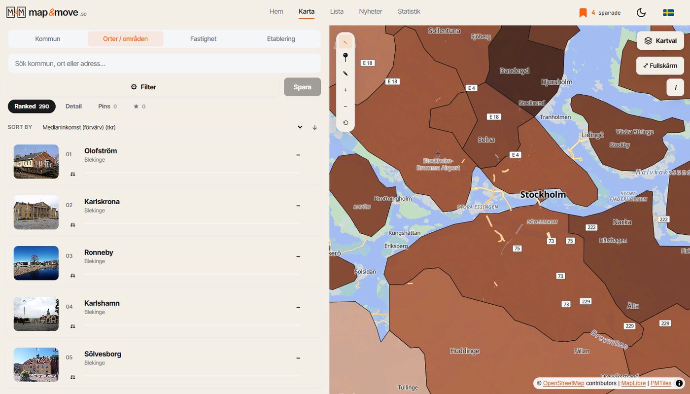 The same map, but at neighbourhood level instead of municipal level. The Stockholm region splits into hundreds of areas and the list on the left ranks them individually.