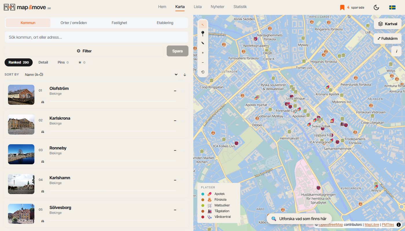 Five categories switched on at once over Uppsala: grocery shops, health centres, preschools, pharmacies and train stations. The pattern shows immediately, without searching for anything.